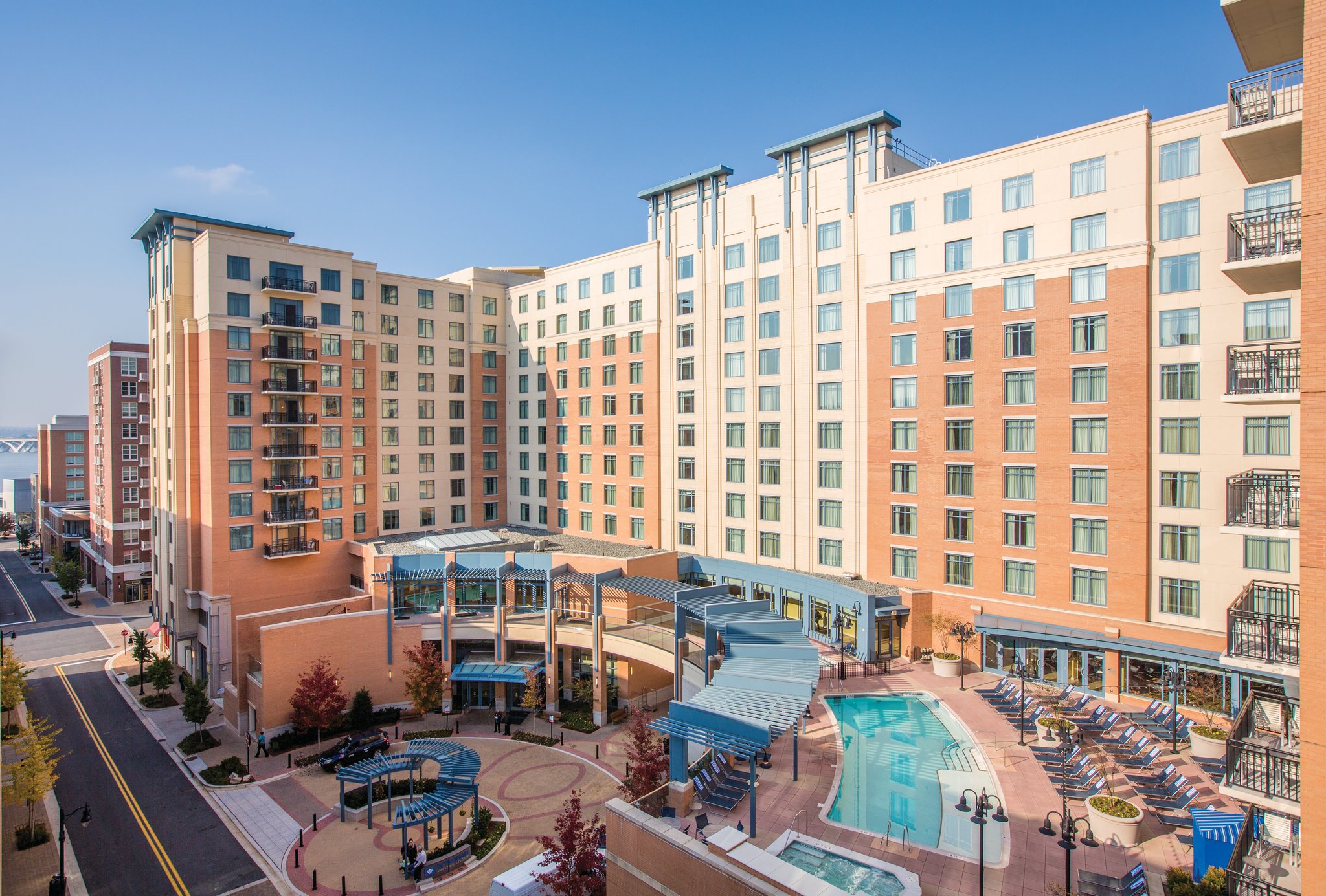 Aerial view of the exterior entrance of Club Wyndham National Harbor showcasing the pool area